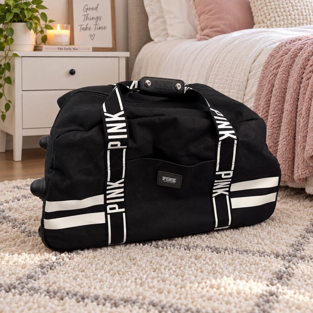 Victoria’s Secret PINK rolling Duffle Bag Vintage BLACK WHITE PRE OWNED Y2K
